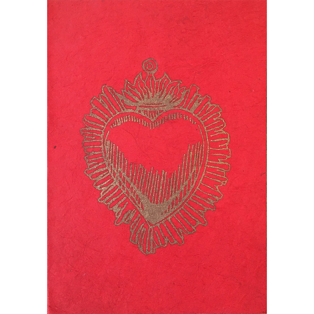 Card - Block Print Heart, Red With Gold