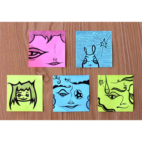 Sticker Pack - 3 Die Cut, 2 Round With Original Post-It Note Drawing, Claassen Art